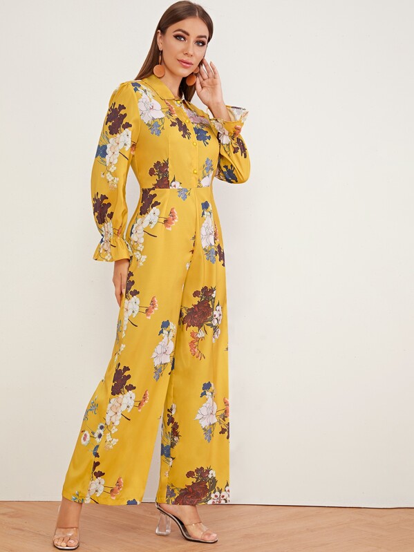 

Floral Print Bishop Sleeve Wide Leg Jumpsuit, Yellow, Hanna