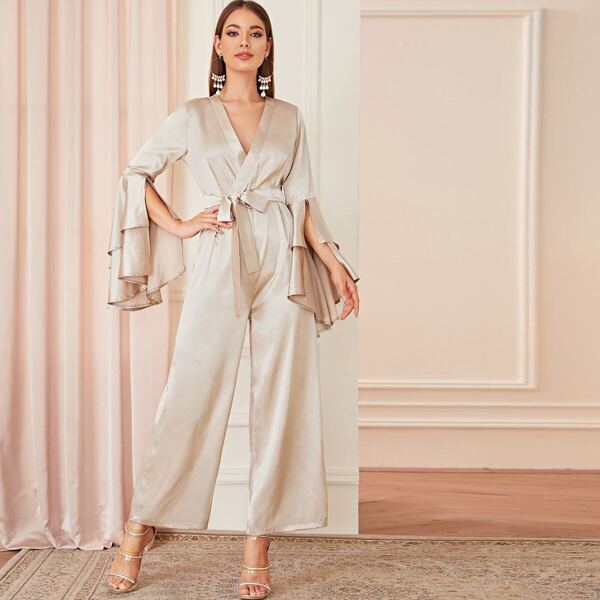 

Satin Surplice Front Layered Flounce Sleeve Jumpsuit