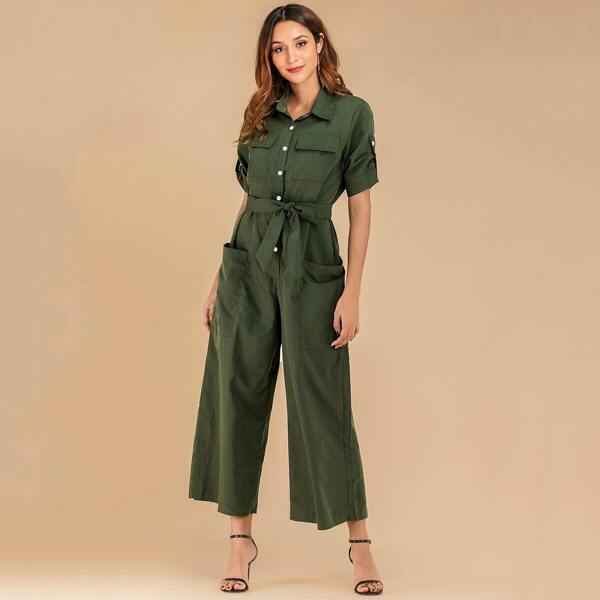 

Army Green Pocket Patched Belted Jumpsuit