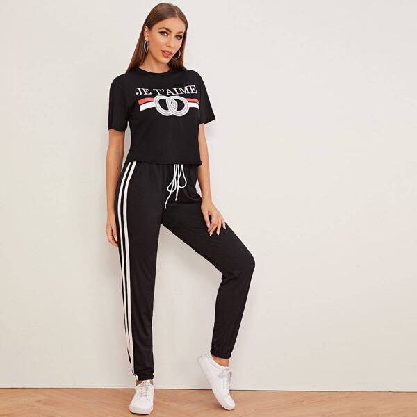 

Letter Print Tee & Side Stripe Drawstring Sweatpants Set, Black