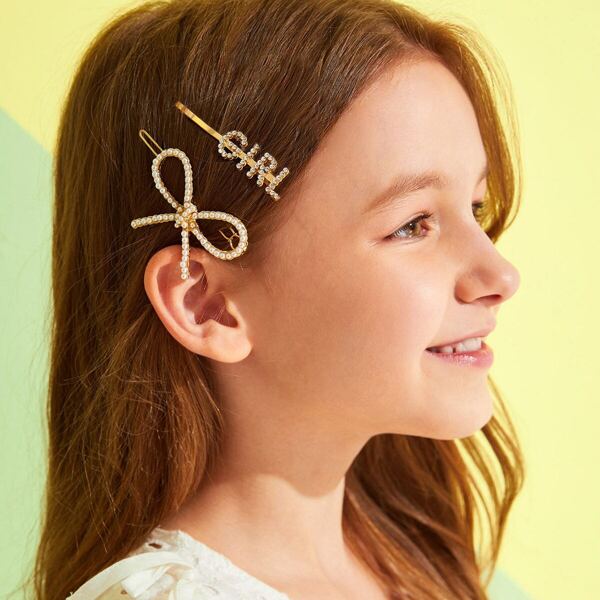 

Girls Rhinestone Engraved Bow Knot Decor Hairpin 2pcs