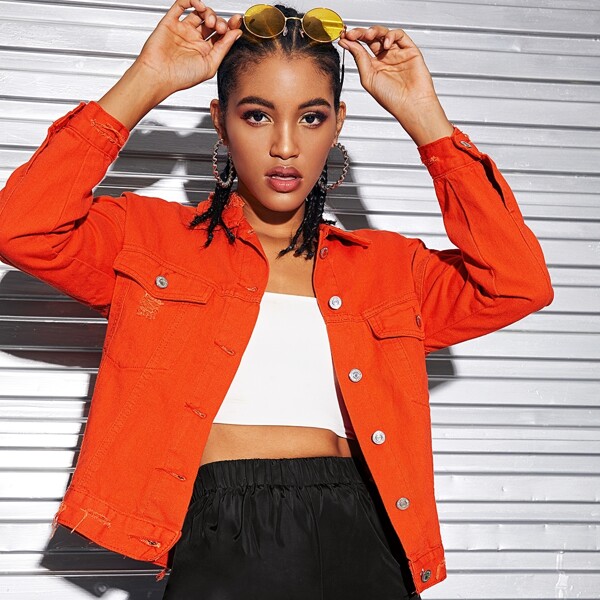 

Neon Orange Ripped Detail Denim Jacket, Orange bright