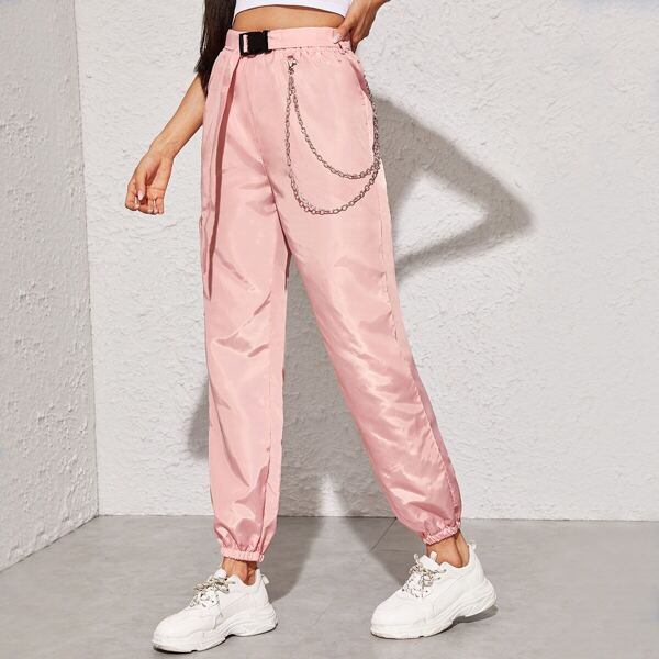 

Push Buckle Belted Chain Detail Wind Pants, Pink pastel