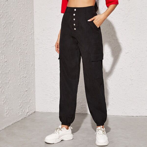 

Solid Button Front Cargo Pants