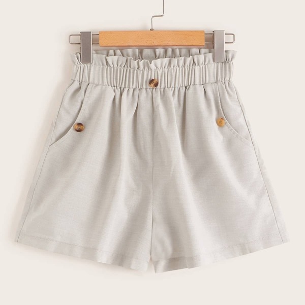 

Solid Paperbag Waist Button Detail Shorts, Beige