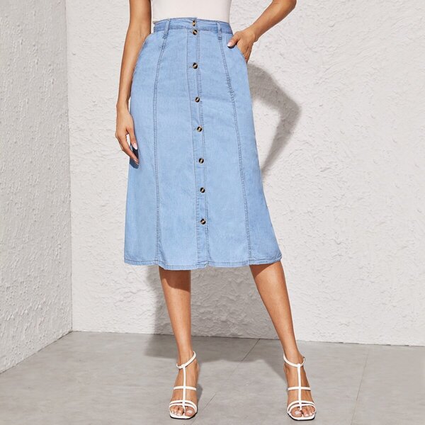 

Button Front Stitch Midi Denim Skirt