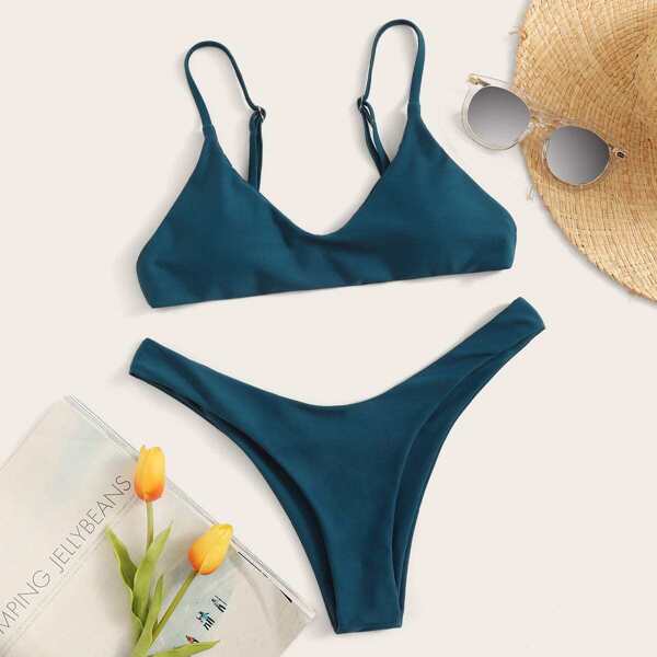 

Spaghetti Strap Top With High Cut Bikini Set, Green