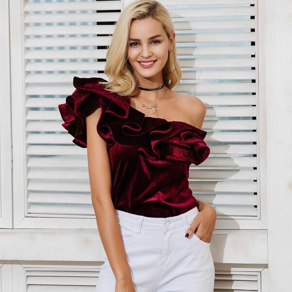

Simplee One Shoulder Ruffle Trim Velvet Top