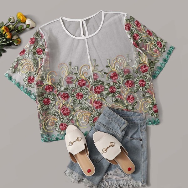 

Plus Embroidered Mesh Keyhole Back Sheer Top