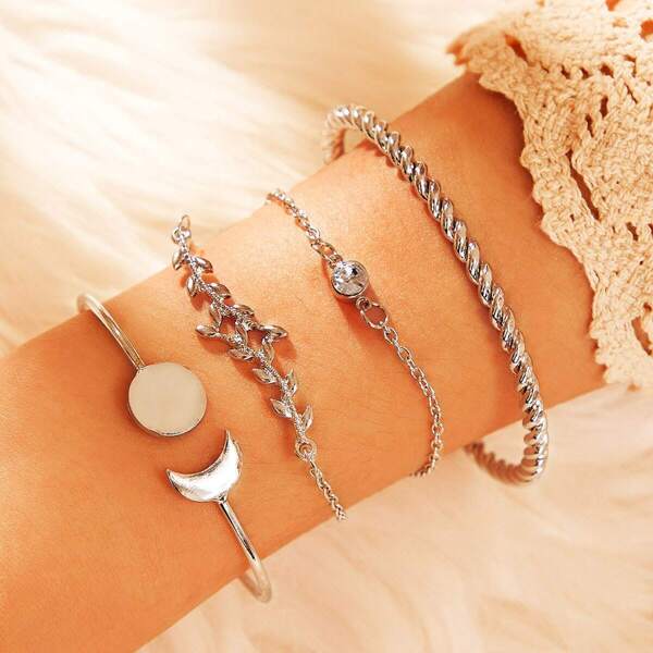 

Moon & Round Decor Cuff Bracelet 4pcs