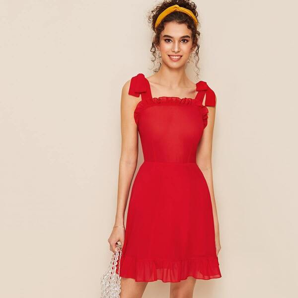 

Solid Ruffle Hem Shirred Cami Dress, Red