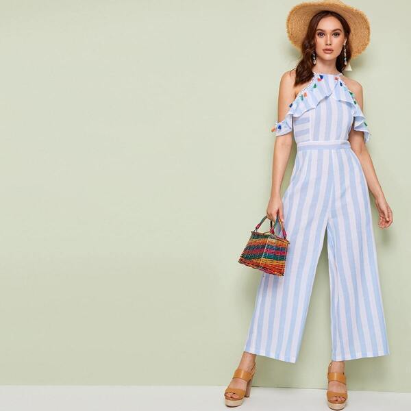 

Striped Fringe Ruffle Trim Cold-shoulder Cami Jumpsuit