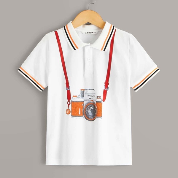 

Boys Camera Print Half Placket Polo Top, White