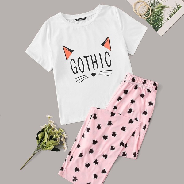 

Mixed Print Top and Heart Print Pants Set, Multicolor