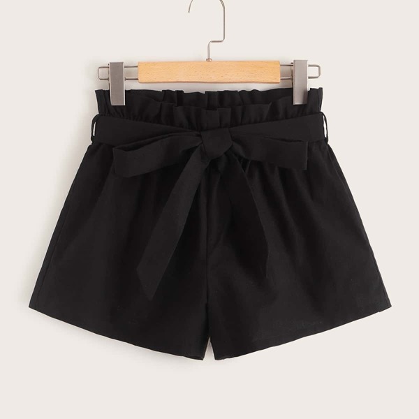 

Paperbag Waist Self Belt Slant Pocket Shorts, Black
