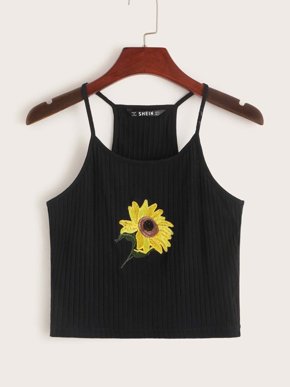 

Embroidered Sunflower Rib-knit Cami Top