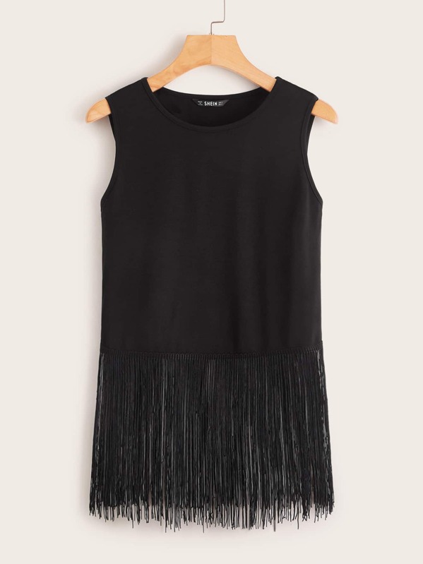 

Fringe Hem Solid Tank Top, Black