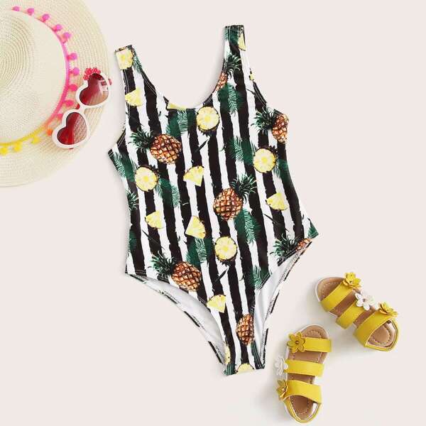 

Girls Striped & Pineapple Print One Piece Swimwear