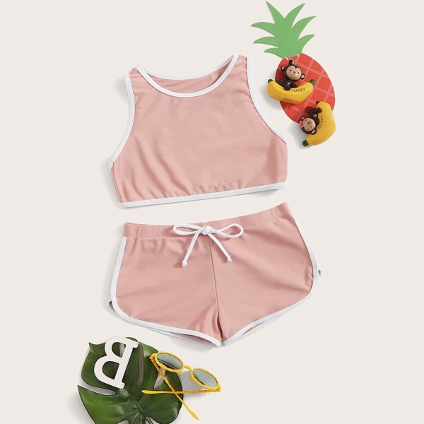 

Girls Contrast Binding Top With Drawstring Bikini