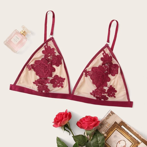 

Plus Appliques Mesh Triangle Bralette, Red