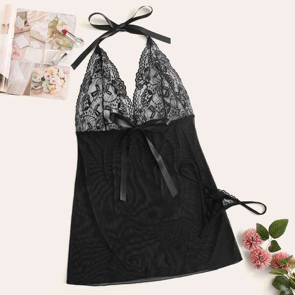 

Plus Contrast Lace Mesh Slips With Thong