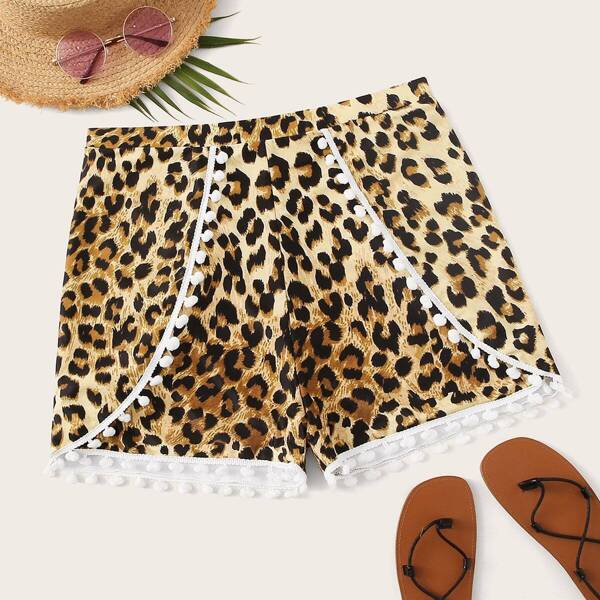 

Plus Leopard Pom-pom Trim Swimming Shorts