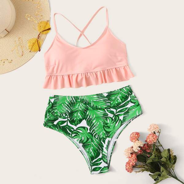 

Ruffle Hem Lace-up Top With Tropical Bikini Set