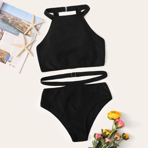 

Halter Top With Cut Out Bikini Set