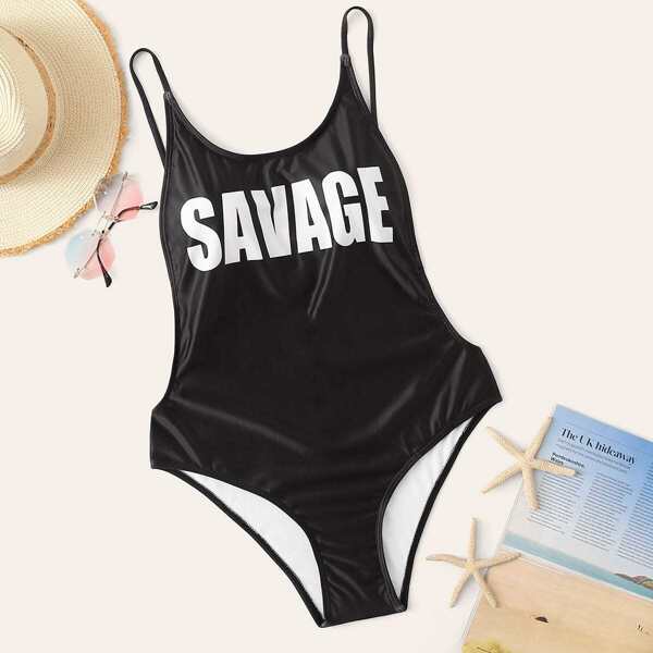 

Plus Letter Print Low Back One Piece Swimwear