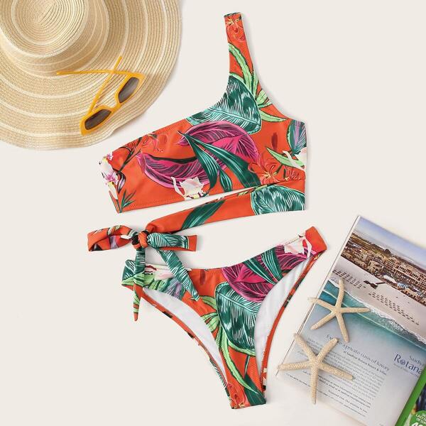 

Бикини на одно плечо с тропическим принтом, Многоцветный