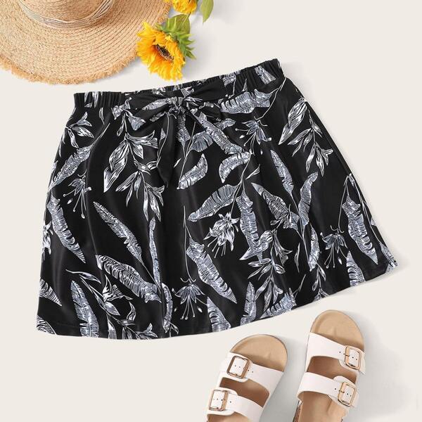 

Plus Tropical Tie Waist Swimming Skorts, Black