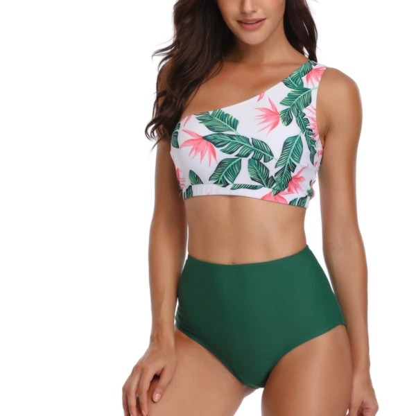 

Tropical One Shoulder Top With High Waist Bikini Set, Multicolor