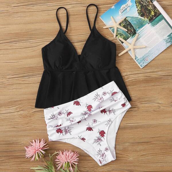 

Flounce Top With Floral Tankini Set, Multicolor