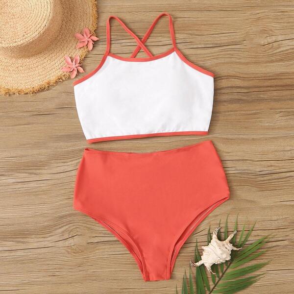 

Contrast Binding Criss Cross Bikini Set