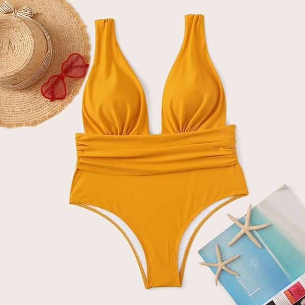 

Plus Plunge Ruched One Piece Swimwear, Yellow
