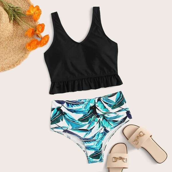 

Frill Trim Top With Tropical Tankini Set
