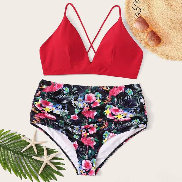 

Plus Lace Up Back Top With Tropical Bikini Set, Multicolor