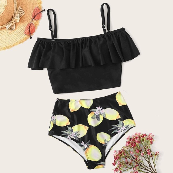 

Flounce Top With Lemon Print Tankini Set, Black