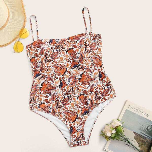 

Plus Tribal Spaghetti Strap One Piece Swimwear, Multicolor
