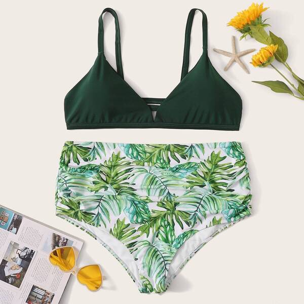 

Plus Triangle Top With Tropical Bikini Set, Green