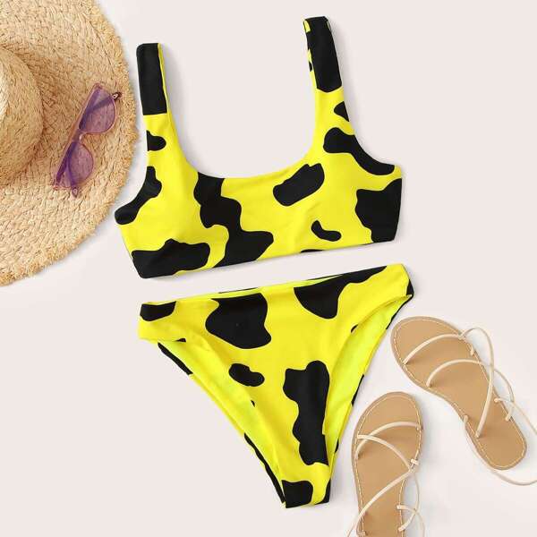 

Cow Pattern Top With Cheeky Bikini Set