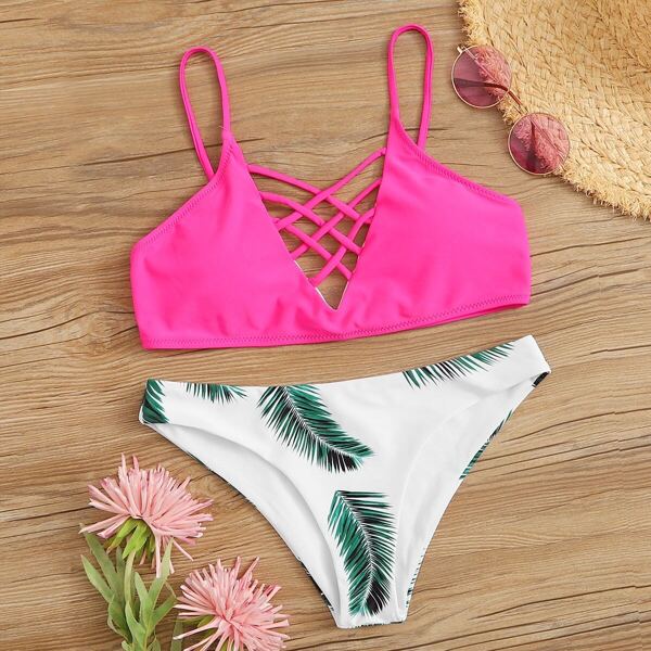 

Lattice Top With Tropical Bikini Set, Multicolor bright