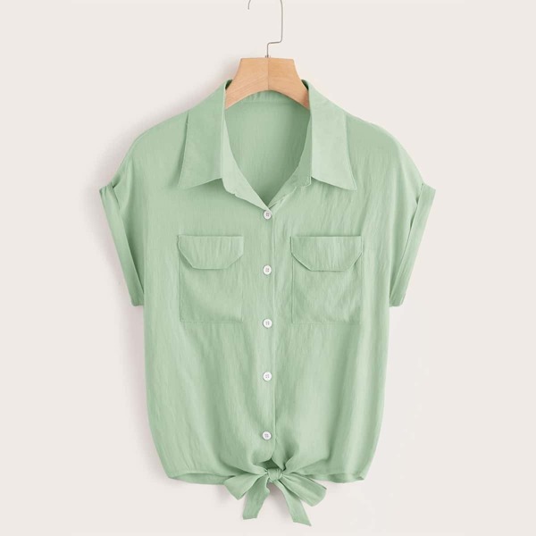 

Solid Knot Hem Blouse, Green