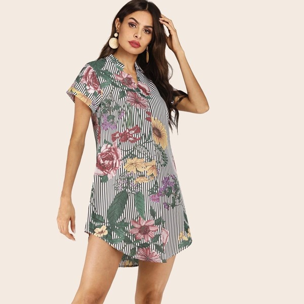 

V-neck Stripe & Floral Print Curved Hem Dress