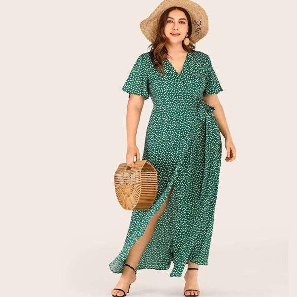 

Plus Polka Dot Maxi Wrap Dress, Green