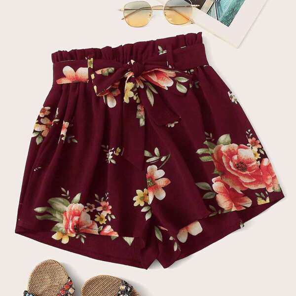 

Floral Print Self Tie Paperbag Shorts, Burgundy