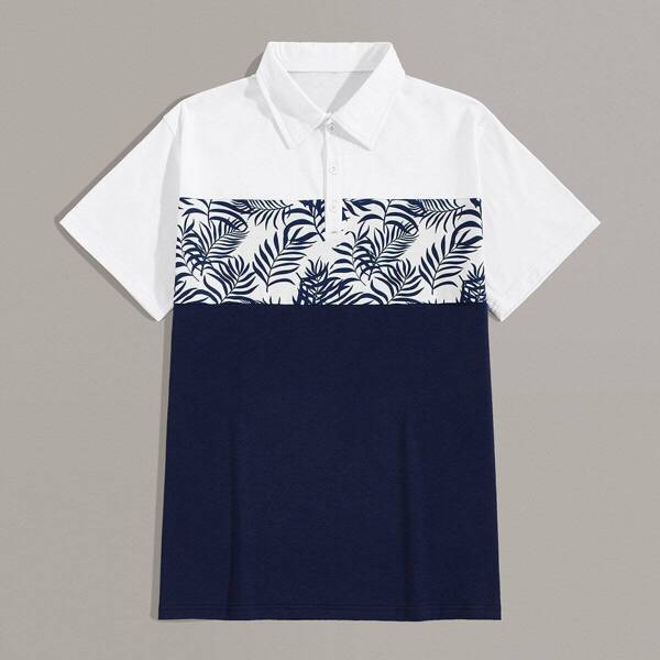 

Men Plants Print Contrast Panel Polo Shirt