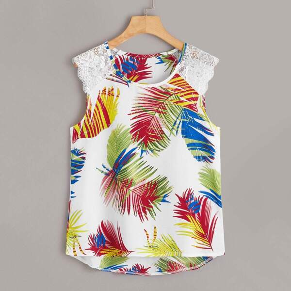 

Leaf Print Contrast Lace Cuff Blouse