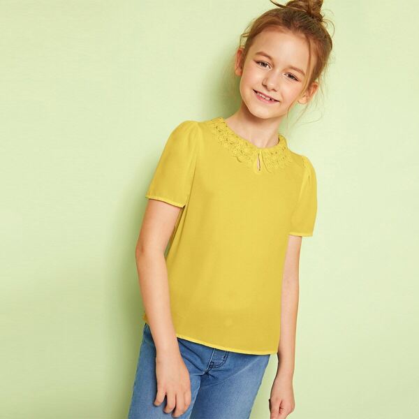 

Girls Guipure Lace Trim Keyhole Neck Top, Yellow