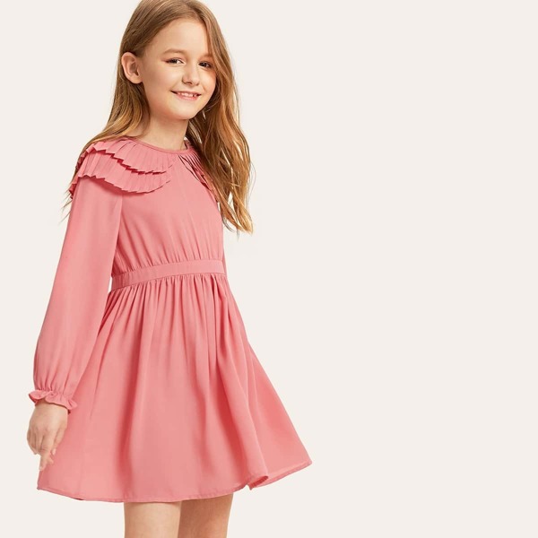 

Girls Layered Pleated Ruffle Detail Dress, Pink
